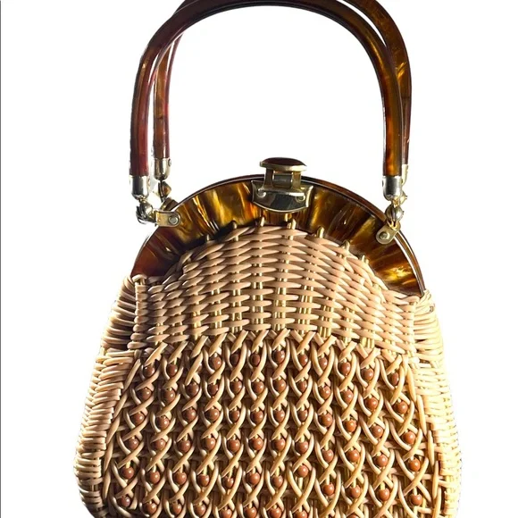 #37 VTG  Wicker Lucite handle fancy woven basket bead purse - Picture 4 of 16